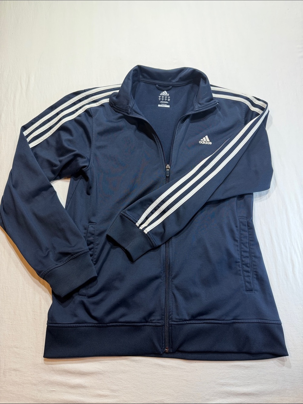 Adidas Womens M Classic ClimaLite Track Jacket Navy Blue 3 Stripe Full Zip